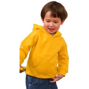 A yellow baby fleece hoodie with a front pocket, worn by a child playing with a toy car.