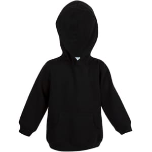 A black baby fleece hoodie with a hood and a front pocket, featuring a logo on the design.