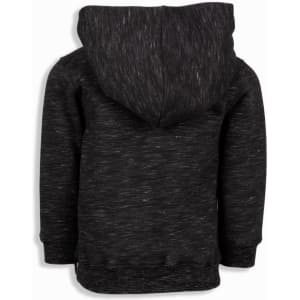A baby fleece hoodie in black with a hood, featuring a textured fabric design and no visible branding.