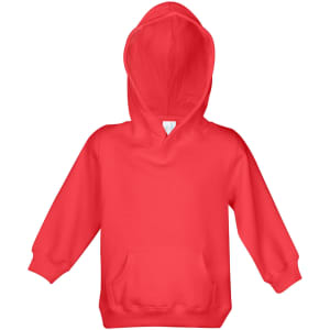 A red baby fleece hoodie with a front pocket and a hood, featuring a logo on the chest.