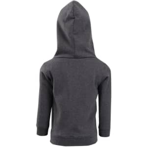 A grey baby fleece hoodie featuring a hood and long sleeves. The back view highlights its simple design.
