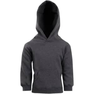 A grey baby fleece hoodie featuring a front pocket and a hood. The hoodie has long sleeves and a simple design.