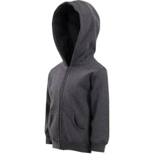 A grey baby fleece hoodie with a zip front, featuring a hood and front pockets, displayed on a white background.
