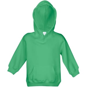 A green baby fleece hoodie with a front pocket and a hood, featuring a logo on the front.