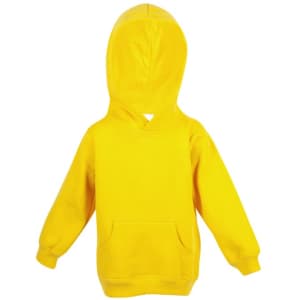 A bright yellow baby fleece hoodie with a front pocket and hood. The hoodie has a simple design and no visible branding.