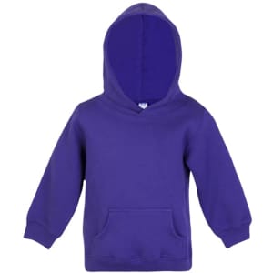 A purple baby fleece hoodie featuring a front pocket and a hood, with a logo on the exterior.
