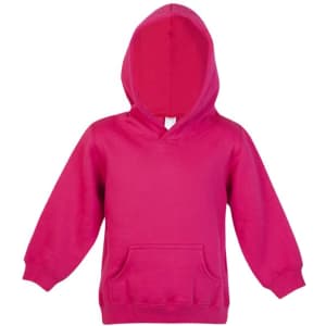 A pink baby fleece hoodie featuring a front pocket and an attached hood. It has a logo on the label.
