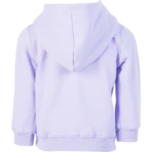 A light purple baby fleece hoodie featuring a hood and ribbed cuffs. The back view shows the design without logos.