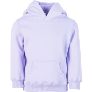 A lilac baby fleece hoodie with a front pocket and a hood. It features a logo on the front.