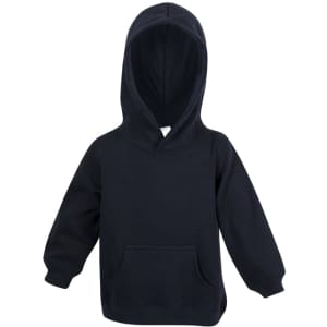 A navy baby fleece hoodie featuring a front pocket and a hood, with a label and no visible branding.