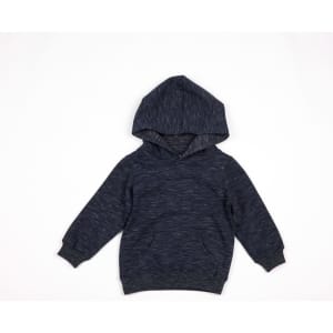 A navy blue baby fleece hoodie featuring a hood and front pocket, showcased against a white background.