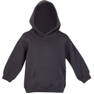 A baby fleece hoodie in black with a hood and front pocket. The material appears soft and comfortable.