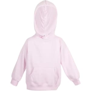 A pink baby fleece hoodie with a hood and a front pocket, featuring a logo on the fabric.
