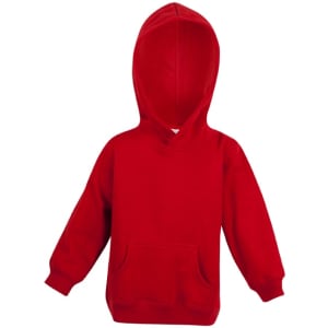 A red baby fleece hoodie with a front pocket and a hood, featuring a branding logo.