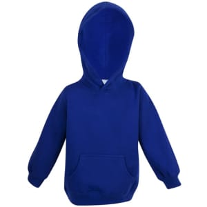 A blue baby fleece hoodie with a front pocket and a hood, featuring long sleeves.