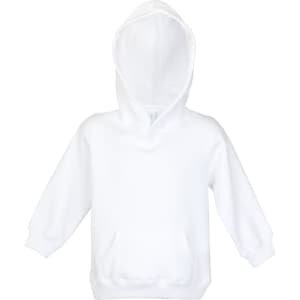A white baby fleece hoodie featuring a front pocket and a hood. The hoodie has a branding logo.
