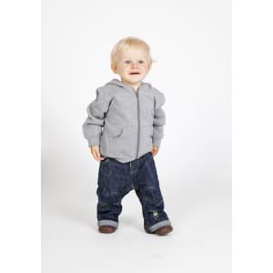 A grey fleece baby zip hoodie worn by a toddler, paired with blue denim jeans. The child is smiling and standing.