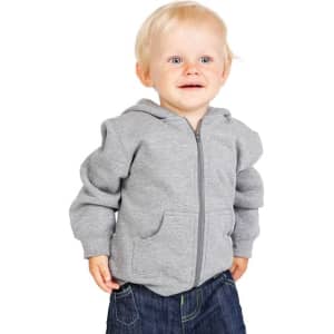 A grey fleece baby zip hoodie with a front pocket, worn by a smiling toddler. The hoodie has a hood and zipper.