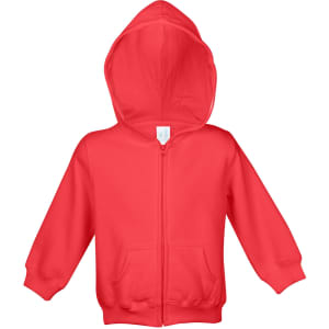 A red fleece baby zip hoodie featuring a front zipper and two pockets, with a hood and long sleeves.