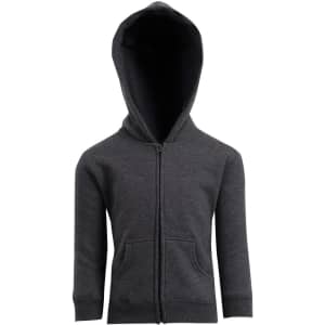 A fleece baby zip hoodie in dark grey, featuring a hood and front pockets. It has a branding logo.