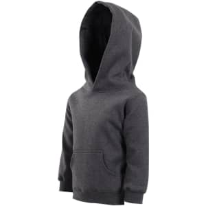 A grey fleece baby zip hoodie with a front pocket and a large hood. Features branding on the garment.