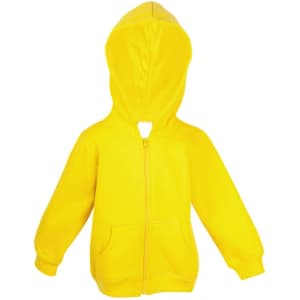 A yellow fleece baby zip hoodie featuring a hood and front pockets. The hoodie has a logo on it.