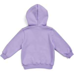 A purple fleece baby zip hoodie featuring a hood and long sleeves, with a logo on the back.