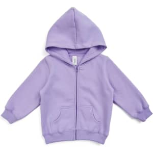 A purple fleece baby zip hoodie featuring a hood and front pockets, with a logo on the label.