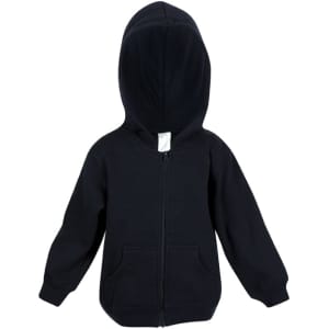A black fleece baby zip hoodie with a hood, front pockets, and a zip closure. Features a logo on the tag.