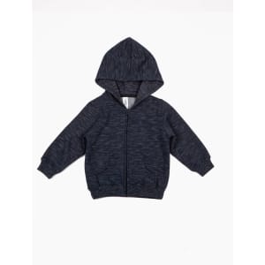A navy blue baby fleece hoodie with a zip closure and a hood, featuring long sleeves.