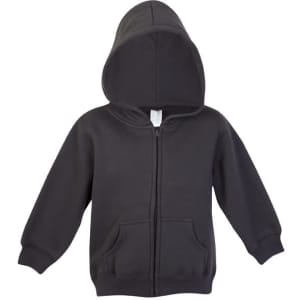 A black fleece baby zip hoodie with a front pocket and a hood, featuring a label inside.