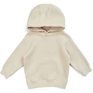 A cream-coloured hoodie with a kangaroo pocket, featuring a hood and long sleeves. It also has a branding logo.