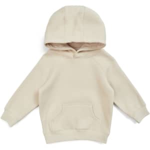 A beige kangaroo pocket hoodie for babies, featuring a hood and long sleeves. It has a logo on the front.