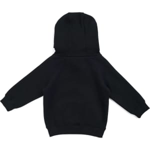 A black kangaroo pocket hoodie for babies, featuring a hood and long sleeves. Includes a logo on the garment.