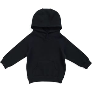A black kangaroo pocket hoodie for babies with long sleeves and a hood, featuring a branding logo.
