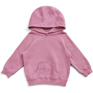 A pink kangaroo pocket hoodie featuring a hood and long sleeves, made from soft cotton material.