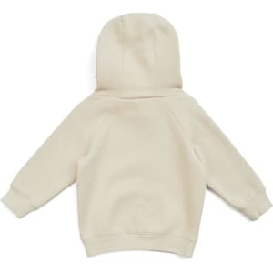 A beige kangaroo pocket hoodie for babies with a hood and long sleeves, featuring a logo.
