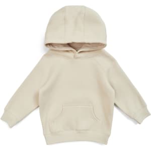 A beige hooded jumper featuring a kangaroo pocket and long sleeves, with a logo present.