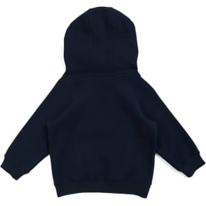 A navy blue hoodie for babies featuring a kangaroo pocket and a hood. The back view is presented.