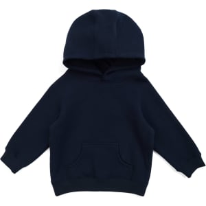 A dark navy kangaroo pocket hoodie for babies, featuring a large hood and long sleeves.