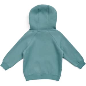 A teal cotton hoodie with a kangaroo pocket and a hood, featuring raglan sleeves and no visible branding.