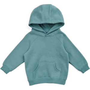 A teal cotton hoodie featuring a kangaroo pocket and a hood, designed for babies. Includes a logo.