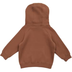 A brown cotton hoodie with a kangaroo pocket and a hood, featuring long sleeves and ribbed cuffs.