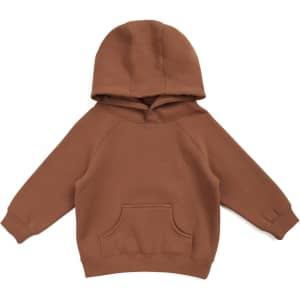 A brown kangaroo pocket hoodie featuring a hood and ribbed cuffs, ideal for babies. Includes a logo.