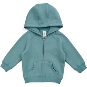 A green kangaroo zip pocket hoodie for babies with a hood and front pocket, featuring a logo.