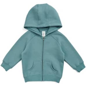 A teal kangaroo zip pocket hoodie for babies, featuring a hood and long sleeves. It has a branding logo.