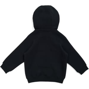 A black kangaroo zip pocket hoodie for babies, featuring a hood and long sleeves. It includes a logo.