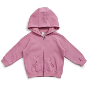 A pink cotton hoodie with a zip pocket and a hood, featuring long sleeves and a front kangaroo pocket.