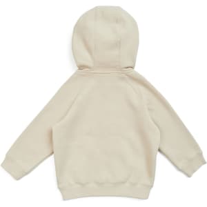 A beige kangaroo zip pocket hoodie featuring a hood and raglan sleeves, with a visible brand logo.