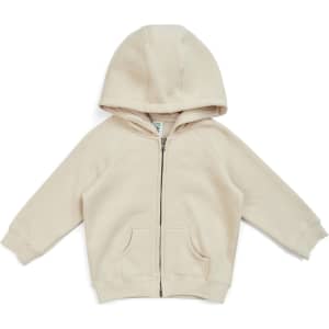 A beige kangaroo zip pocket hoodie featuring a hood and long sleeves. The design includes a logo.